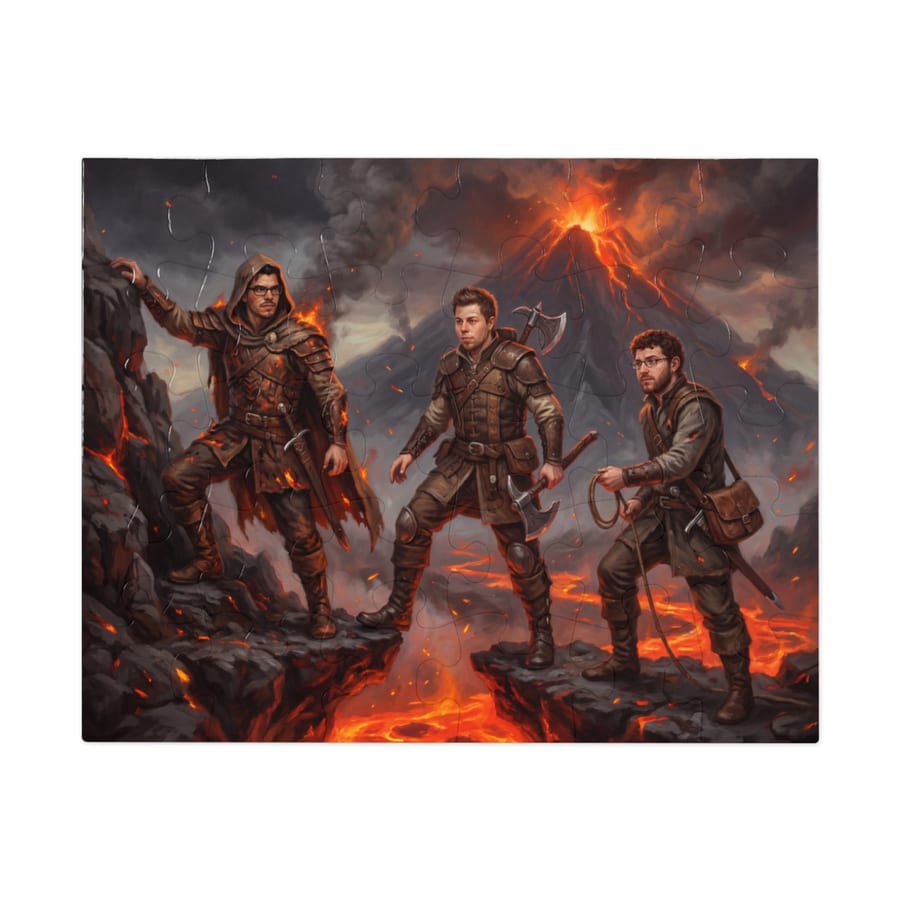 A finished custom puzzle: The three of us climbing a volcano, like an epic fantasy adventure